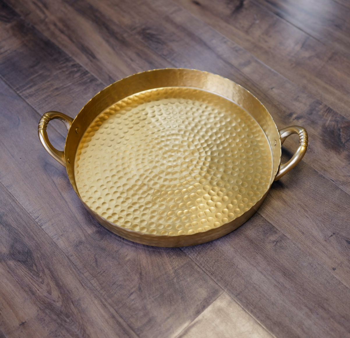 Round Tray Hammered Gold with Handles