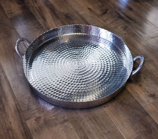 Round Tray Hammered Silver with Handles